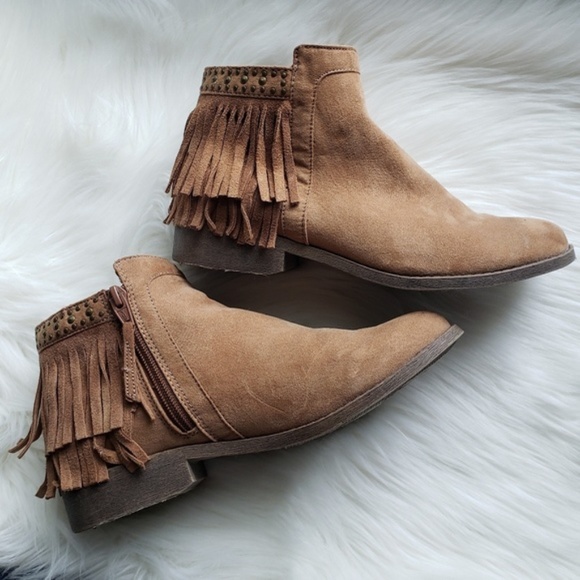 Mossimo Supply Co. Shoes - Mossimo Cognac Faux Suede Fringe Ankle Booties